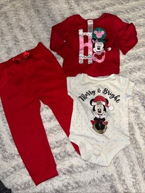 3-24m vintage Minnie Mouse Holiday Christmas 3-Piece Baby Set - Red & White